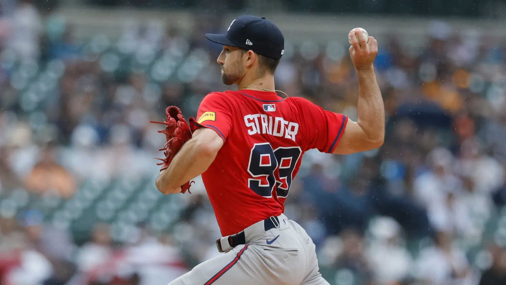 Spencer Strider #99 of the Braves pitches against the Tigers. Duane Burleson/Getty Images