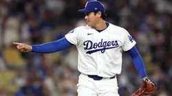 Shohei Ohtani #17 of the Los Angeles Dodgers reacts.