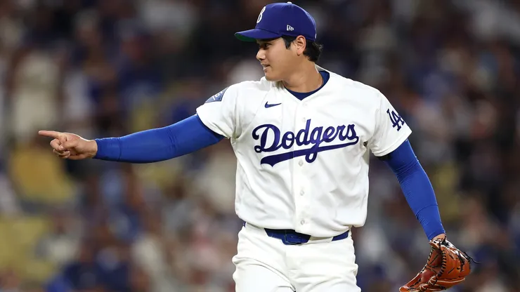 Shohei Ohtani #17 of the Los Angeles Dodgers reacts.
