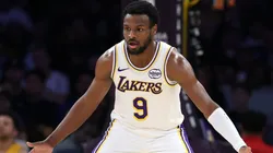 Bronny James #9 of the Los Angeles Lakers defends.