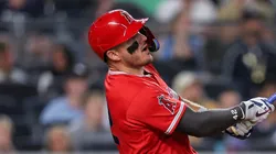 Mike Trout #27 of the Los Angeles Angels hits.