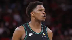 Anthony Edwards #5 of the Minnesota Timberwolves reacts.