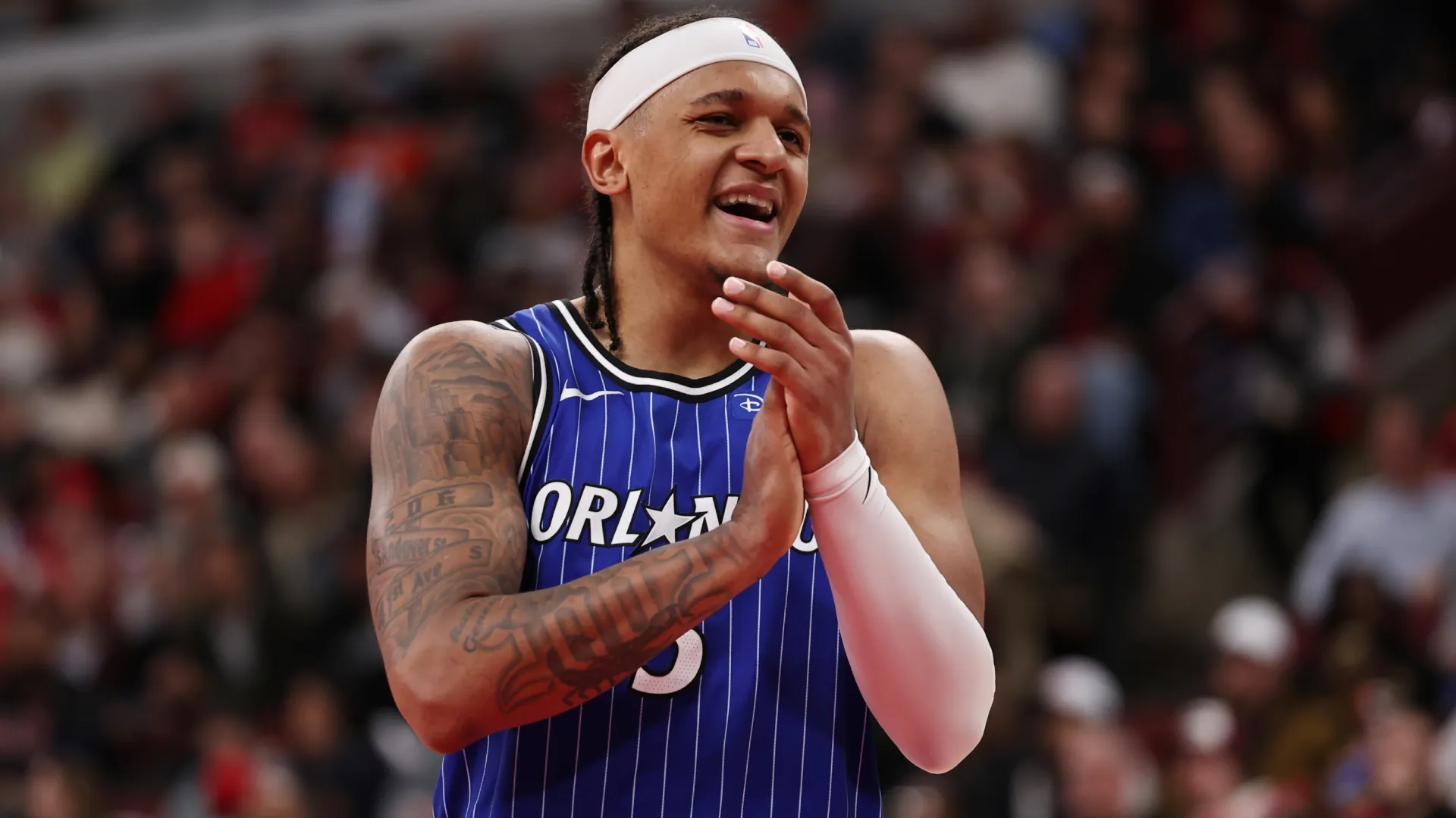 Paolo Banchero celebrates during the second half against the Chicago Bulls (Source: Geoff Stellfox/Getty Images)