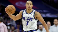 Desmond Bane #3 of the Orlando Magic dribbles the ball during the second half of an NBA play-in tournament game.
