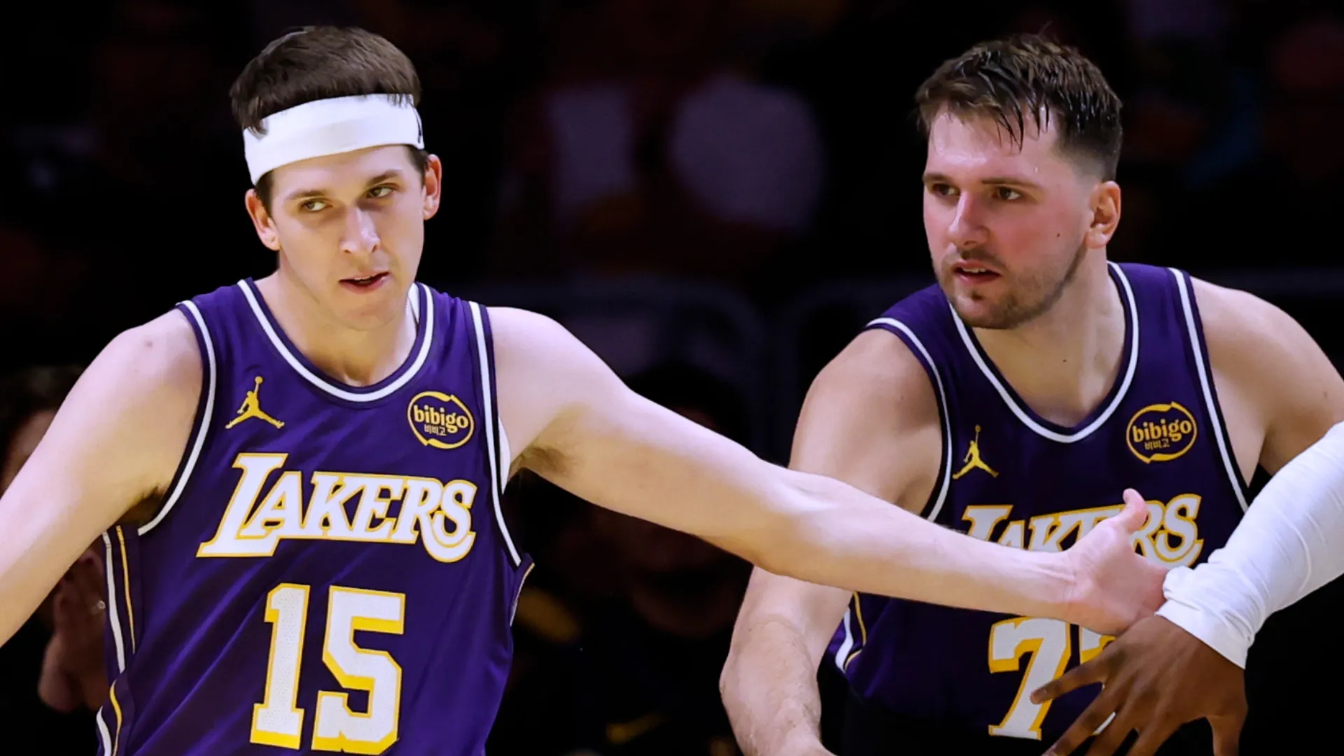 Austin Reaves celebrates his basket and LA Clippers foul with Luka Doncic in 2025 (Source: Harry How/Getty Images)