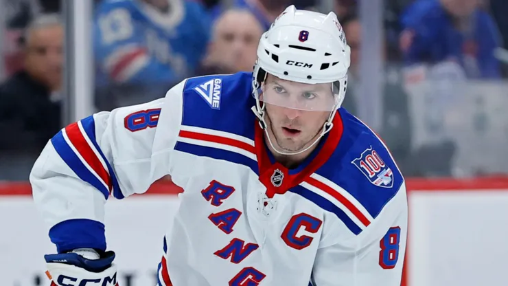 J.T. Miller #8 of the New York Rangers controls the puck.