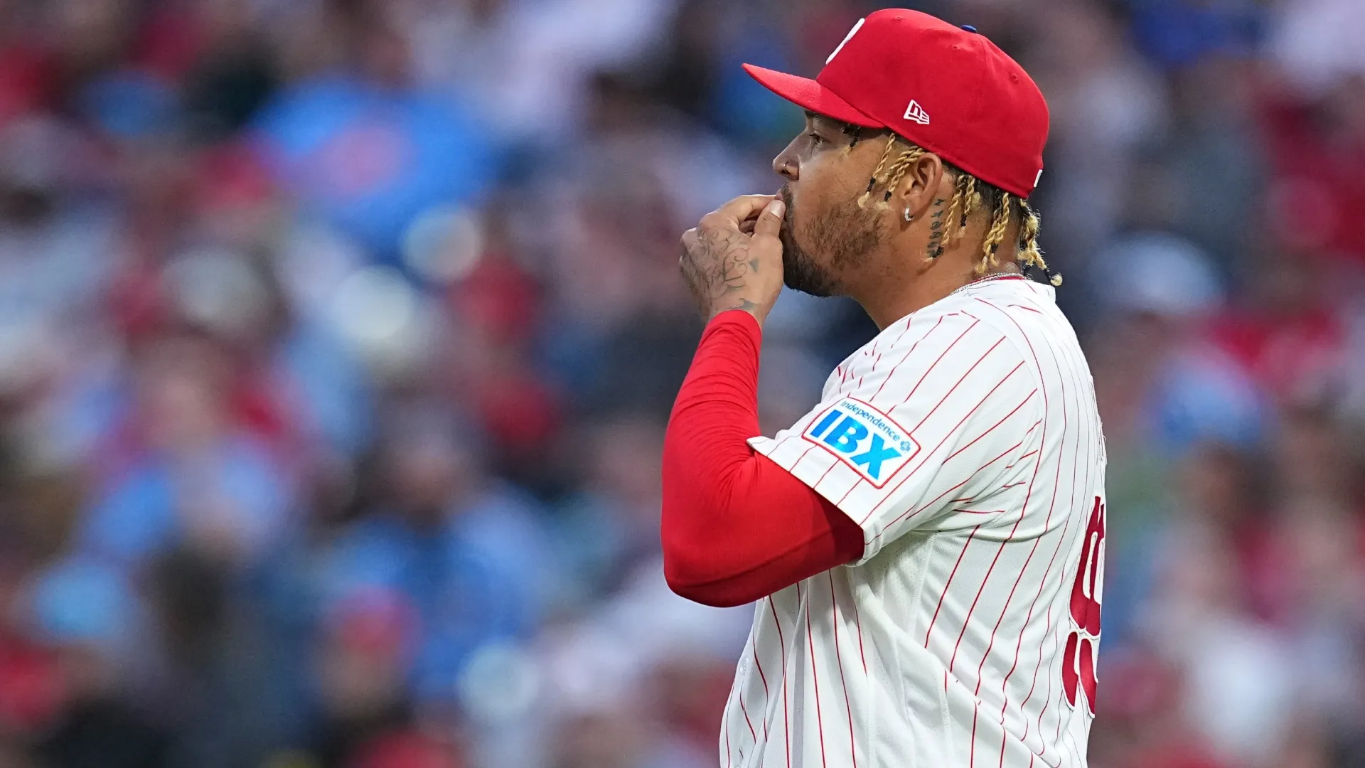 Taijuan Walker #99 of the Phillies looks on in the top of the first inning. Mitchell Leff/Getty Images