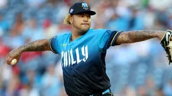 Taijuan Walker #99 of the Phillies pitches in the first inning during a game against the Braves.