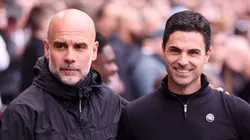 Man City manager Pep Guardiola (left) and Arsenal coach Mikel Arteta pose for a photo together.