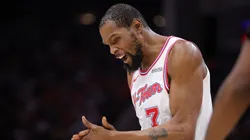 Kevin Durant #7 of the Houston Rockets reacts.