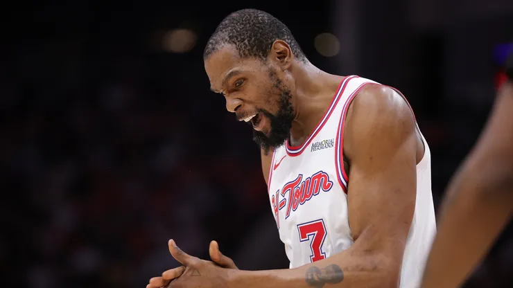 Kevin Durant #7 of the Houston Rockets reacts.