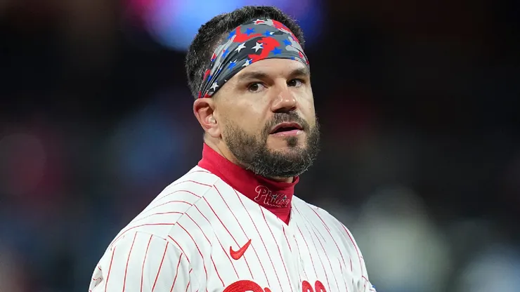 Kyle Schwarber #12 of the Philadelphia Phillies looks on.