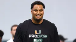 Francis Mauigoa #61 of the Miami Hurricanes participates during the 2026 Miami Pro Day.