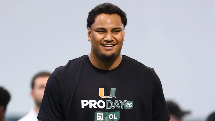 Francis Mauigoa #61 of the Miami Hurricanes participates during the 2026 Miami Pro Day.