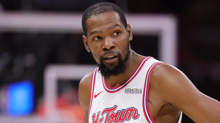 Kevin Durant #7 of the Houston Rockets looks on.