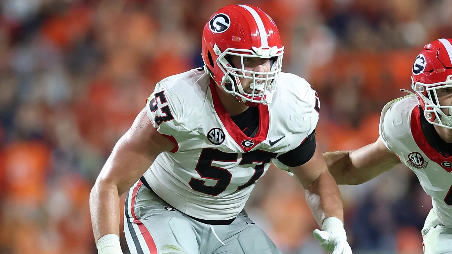 Monroe Freeling #57 block against the Auburn Tigers in 2025 (Source: Kevin C. Cox/Getty Images)
