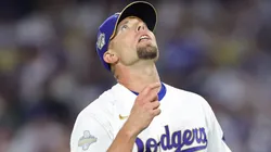Blake Treinen #49 of the Los Angeles Dodgers reacts after pitching.