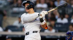 Aaron Judge #99 of the New York Yankees doubles.