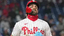 Bryce Harper #3 of the Phillies reacts after flying out.