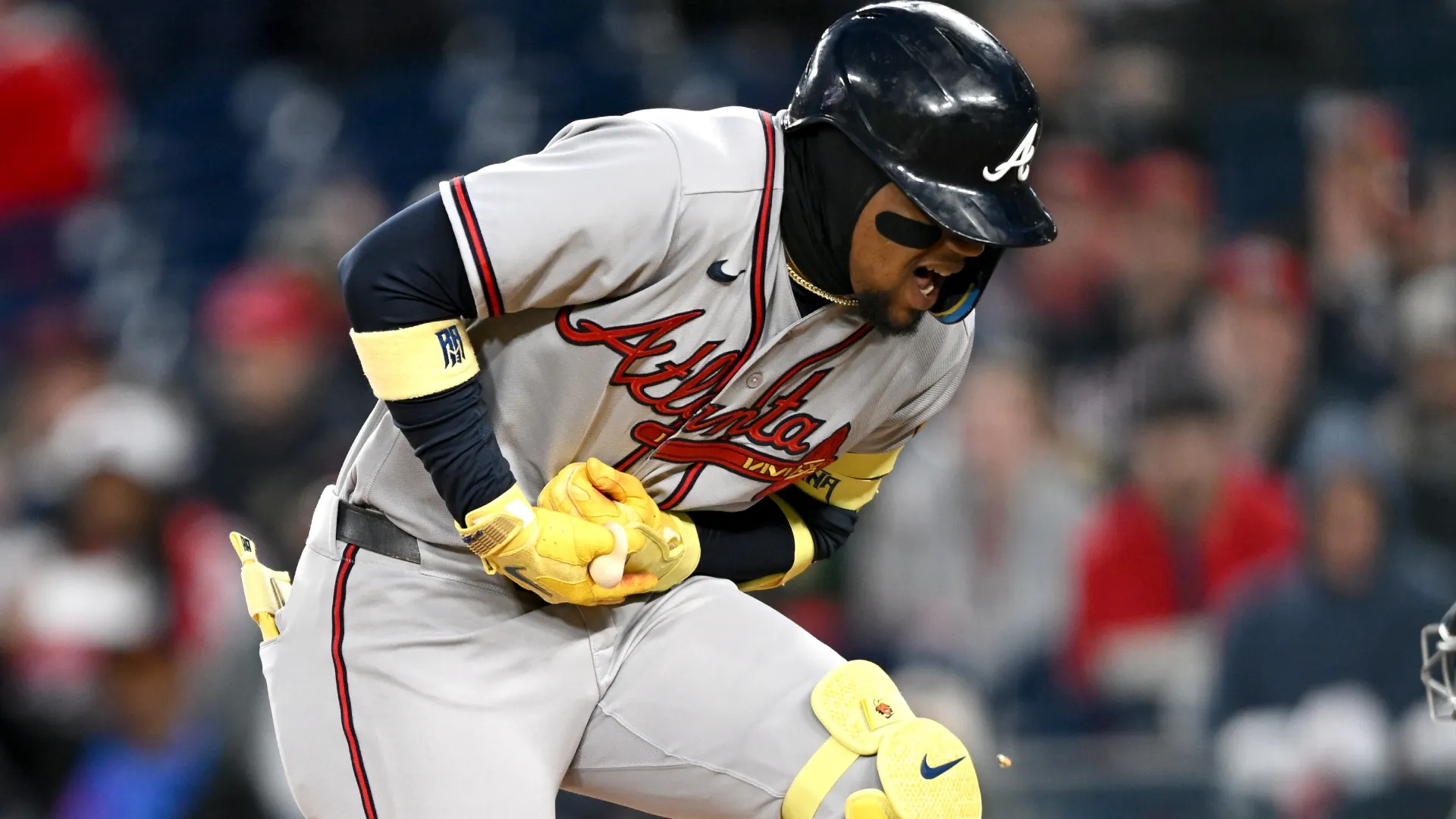 Ronald Acuña Jr. #13 of the Braves reacts after being hit by a pitch. Greg Fiume/Getty Images