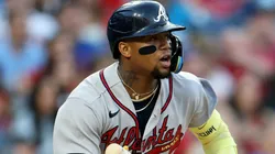 Ronald Acuña Jr. #13 of th Braves hits a single.