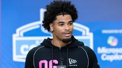 Mansoor Delane of the LSU Tigers speaks to the media during the 2026 NFL Draft Combine.