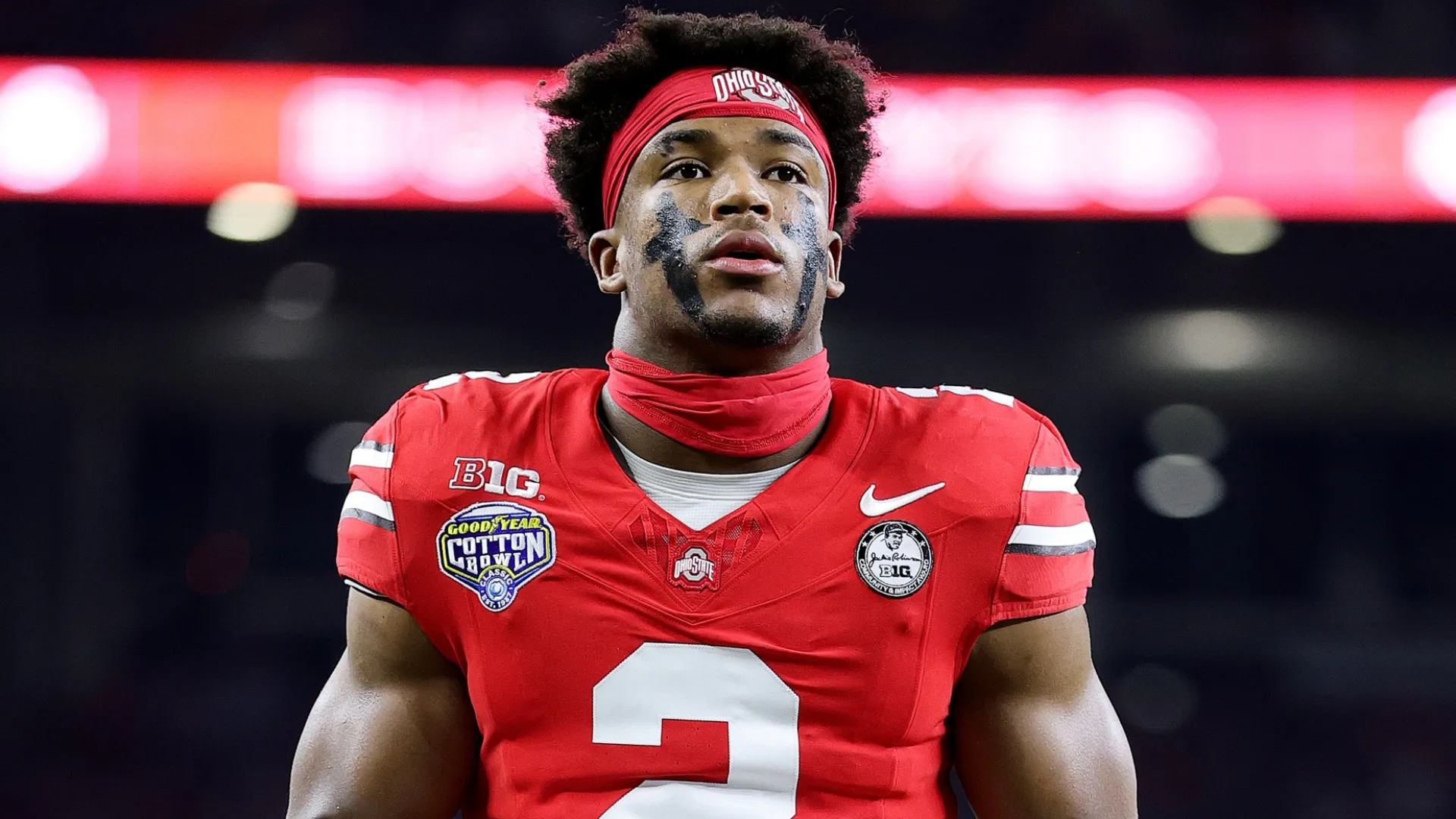 Caleb Downs #2 of the Ohio State Buckeyes during the 2025 College Football Playoff Quarterfinal (Source: Alex Slitz/Getty Images)