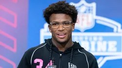 Caleb Downs of the Ohio State Buckeyes speaks to the media during the 2026 NFL Draft Combine.