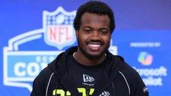 Rueben Bain Jr of the Miami (FL) Hurricanes speaks to the media during the 2026 NFL Scouting Combine.