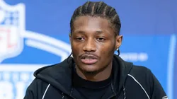 Carnell Tate of the Ohio State Buckeyes speaks to the media during the 2026 NFL Draft Combine