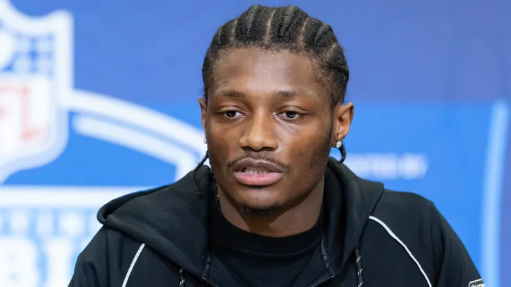 Carnell Tate of the Ohio State Buckeyes speaks to the media during the 2026 NFL Draft Combine