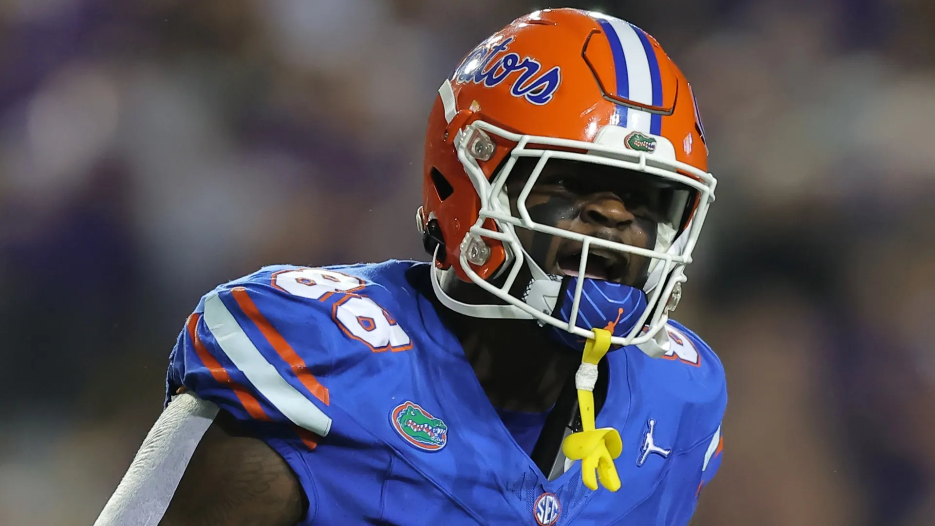 Caleb Banks celebrates a defensive stop during the first half against the LSU Tigers (Source: Jonathan Bachman/Getty Images)