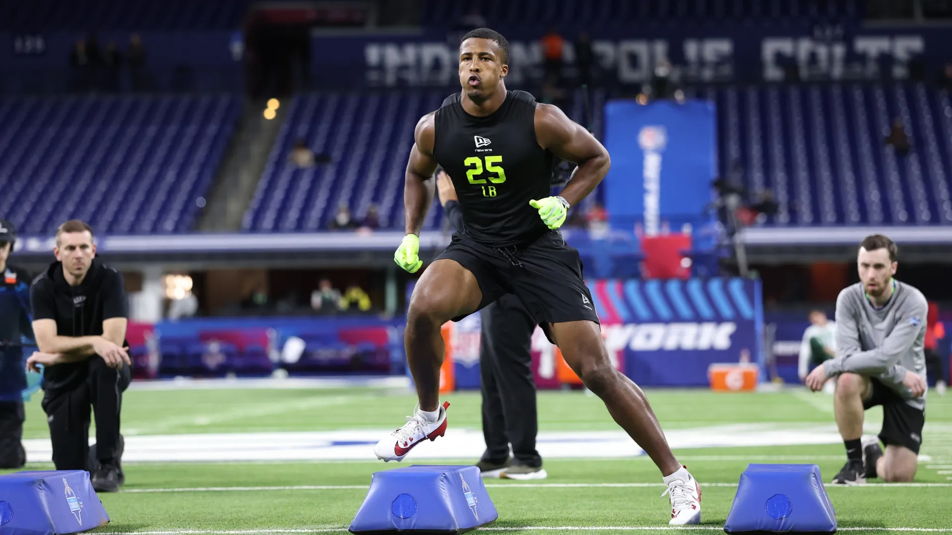 Sonny Styles of the Buckeyes participates in a drill during the 2026 NFL Scouting Combine (Source: Stacy Revere/Getty Images)