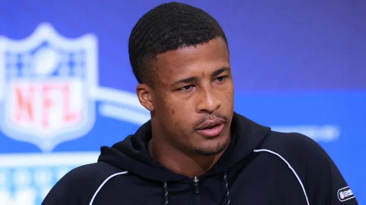Sonny Styles of the Ohio State Buckeyes speaks to the media during the 2026 NFL Scouting Combine
