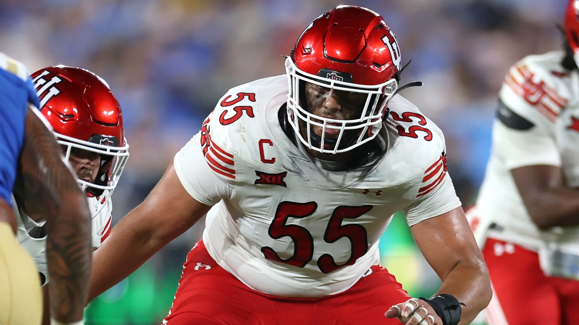 Spencer Fano #55 of the Utah Utes lines up on the defensive line in 2025 (Source: Sean M. Haffey/Getty Images)