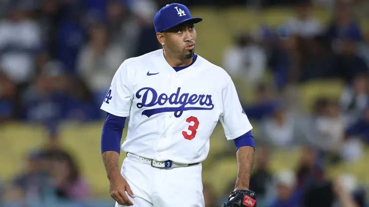Edwin Díaz #3 of the Los Angeles Dodgers reacts after an RBI singe.