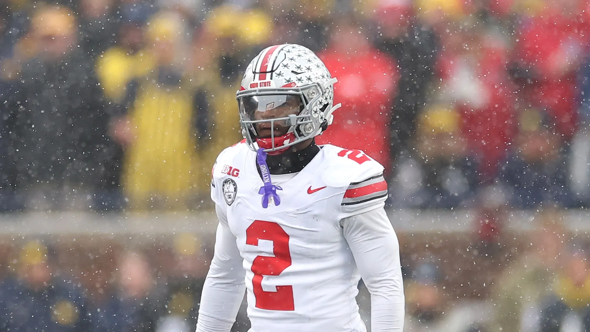 Caleb Downs in the elements at Michigan Stadium