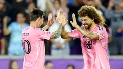 Lionel Messi (left) and Maximiliano Falcon celebrate an Inter Miami goal.