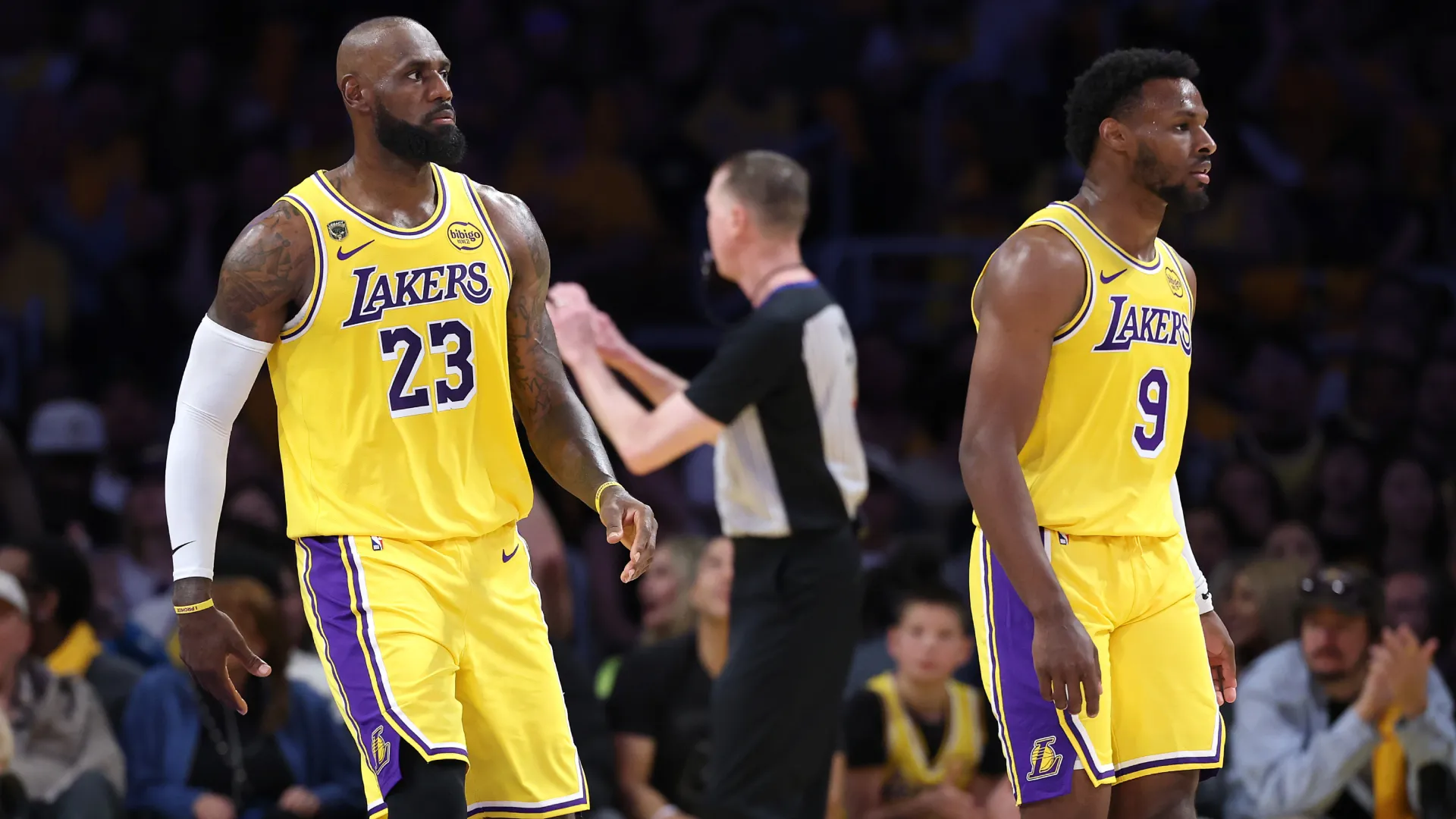 LeBron James #23 and Bronny James #9 of the Los Angeles Lakers. (Getty Images)