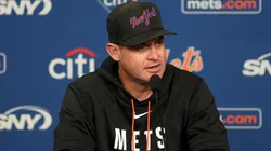 Manager Carlos Mendoza of the New York Mets answers questions before the game.
