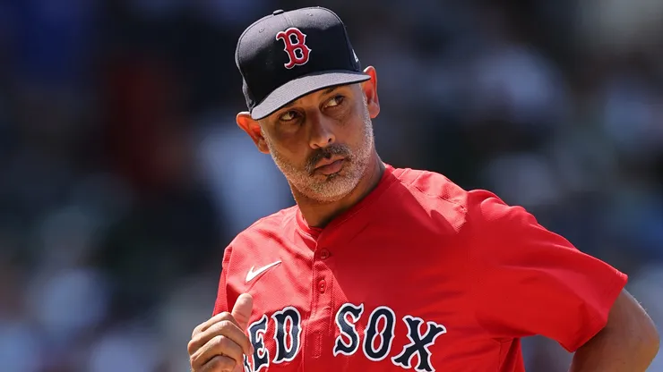 Alex Cora #13 of the Red Sox looks on during the sixth inning against the Cubs.