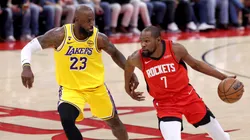 LeBron James #23 of the Los Angeles Lakers defends Kevin Durant #7.