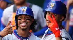 Juan Soto (R) of the New York Mets celebrates his two-run home run.