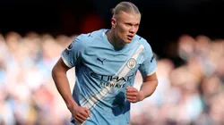Erling Haaland of Man City looks on after changing his shirt during the Premier League match.