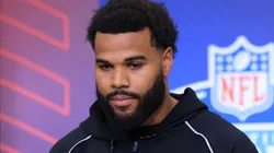 Akheem Mesidor of the Miami (FL) Hurricanes speaks to the media during the 2026 NFL Scouting Combine.