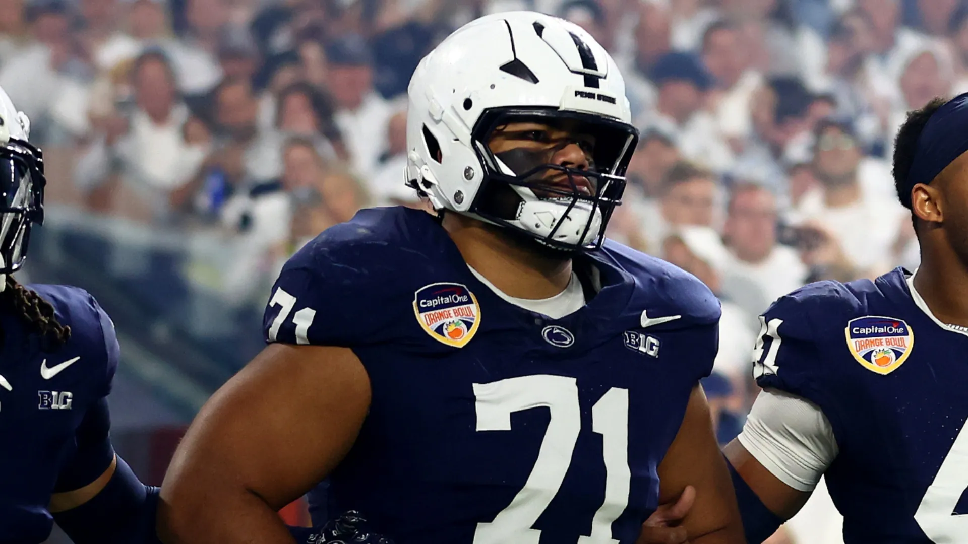 Olaivavega Ioane #71 of the Penn State Nittany Lions walks onto the field with teammates in 2025 (Source: Megan Briggs/Getty Images)