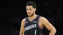 Devin Booker #1 of the Phoenix Suns during the first half of an NBA play-in tournament game.