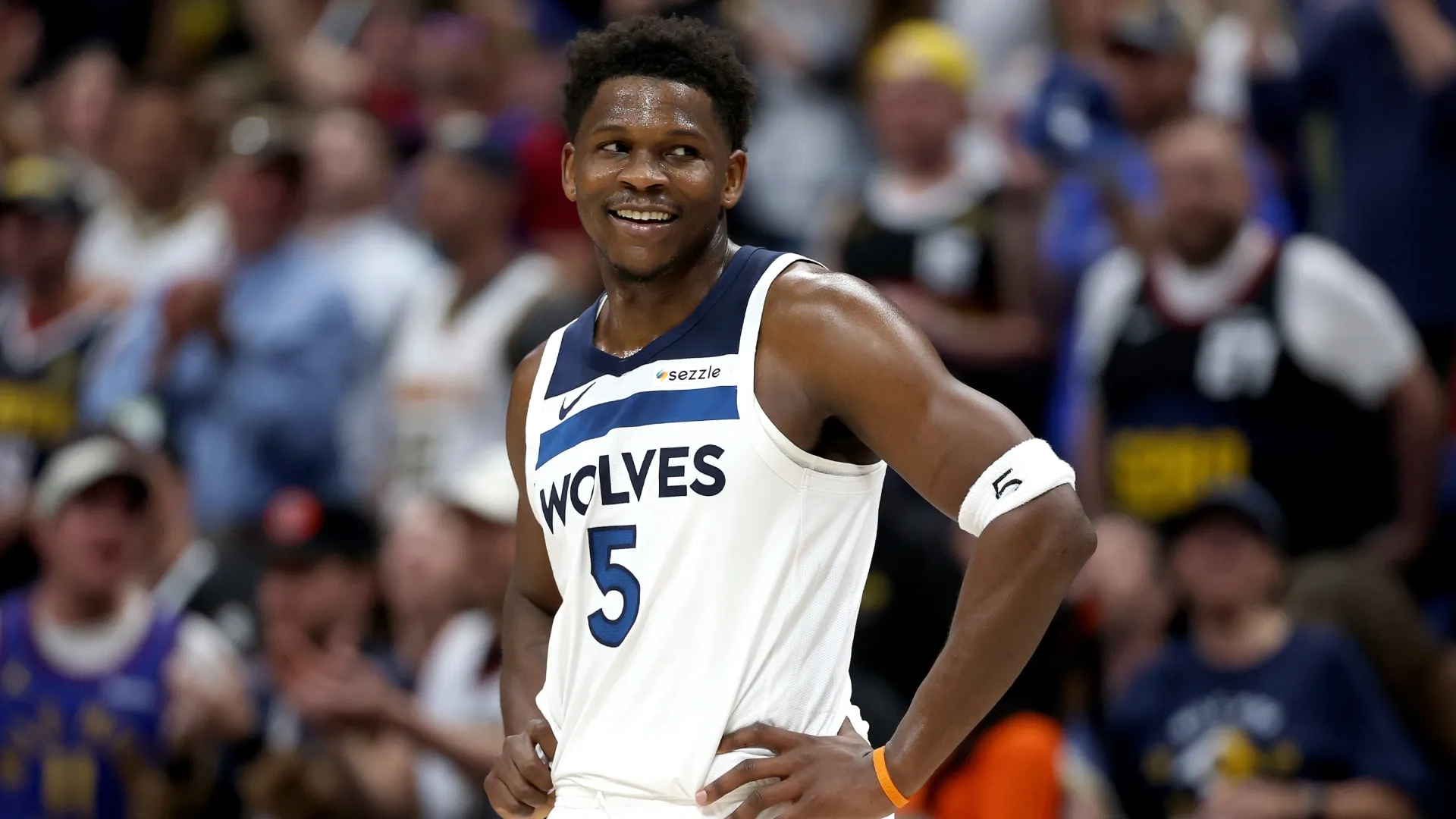 Anthony Edwards #5 of the Minnesota Timberwolves against the Denver Nuggets (Source: Matthew Stockman/Getty Images)