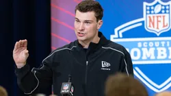 Fernando Mendoza of the Indiana Hoosiers speaks to the media during the 2026 NFL Draft Combine