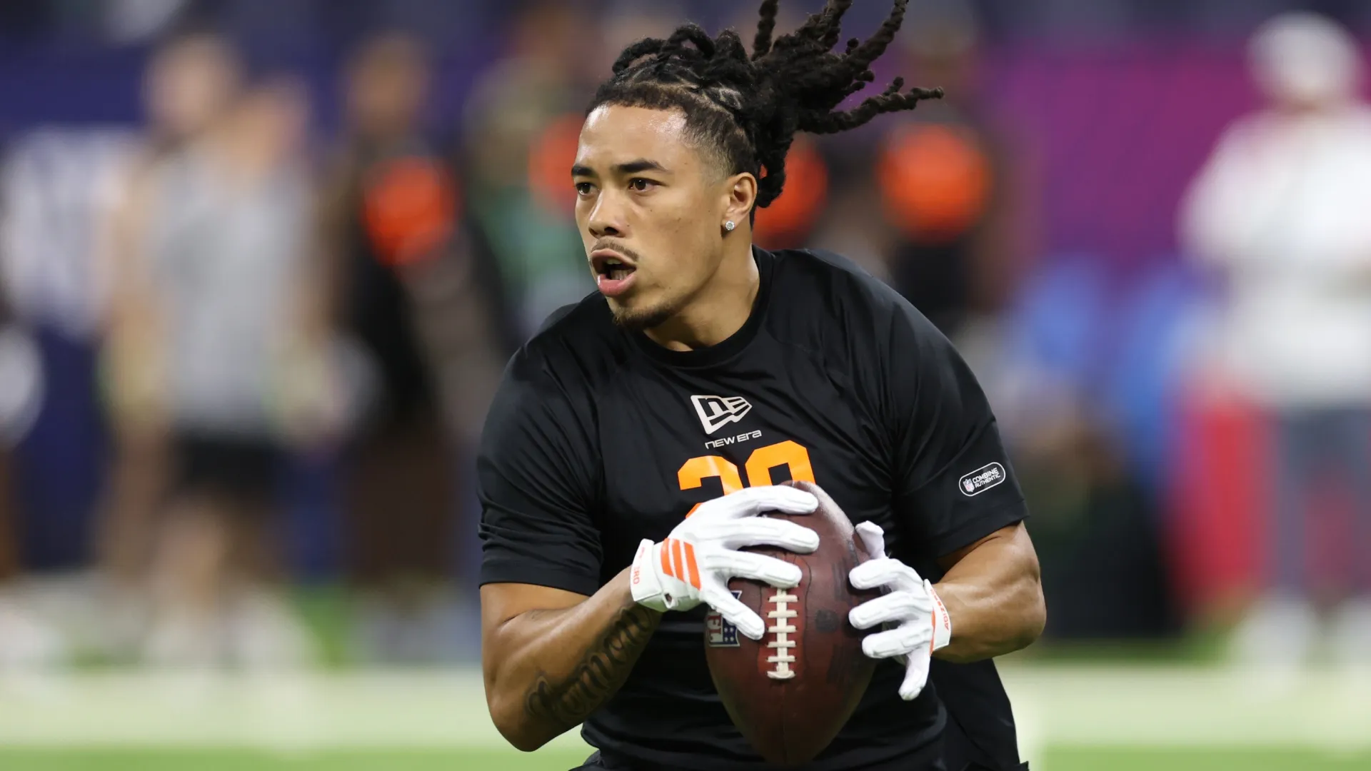 Makai Lemon participates in a drill during the 2026 NFL Scouting Combine (Source: Stacy Revere/Getty Images)